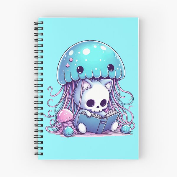 Item preview, Kawaii Skeleton Kitten With Jellyfish Reading Book designed and sold by TomFrontierArt.