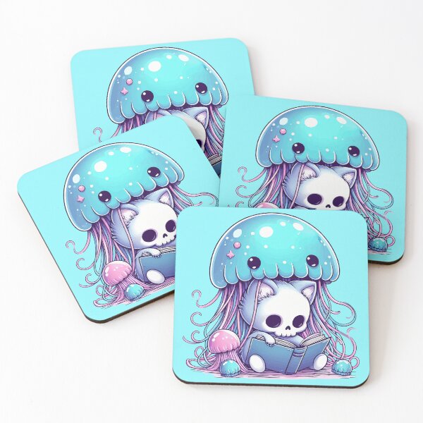 Item preview, Kawaii Skeleton Kitten With Jellyfish Reading Book designed and sold by TomFrontierArt.
