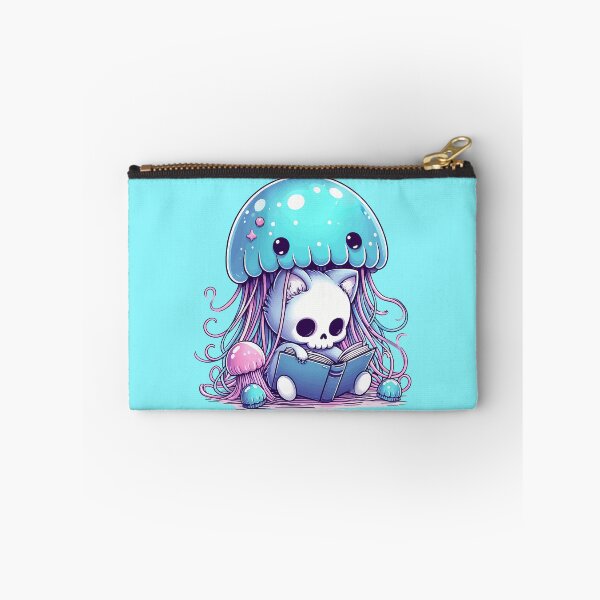 Item preview, Kawaii Skeleton Kitten With Jellyfish Reading Book designed and sold by TomFrontierArt.