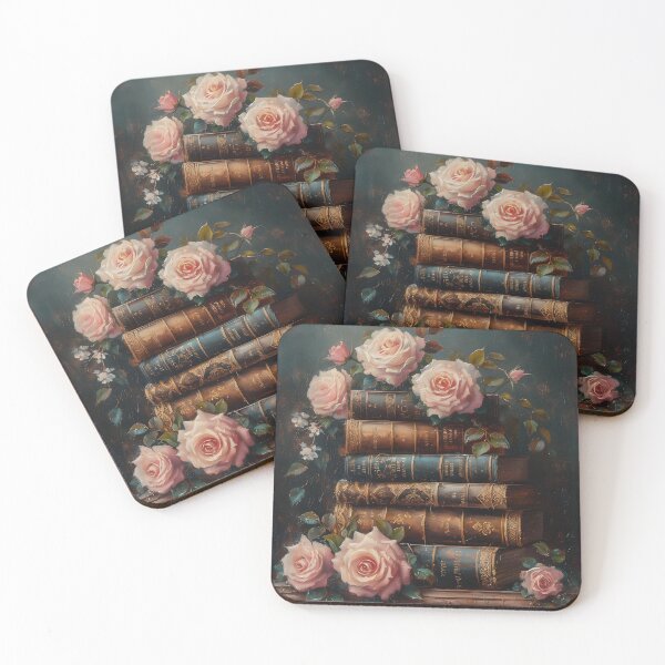 Item preview, Antique book and pink roses - dark academia oil painting library biblioteque girlie bookish gift for bookworm girl designed and sold by Fantasy Cache.
