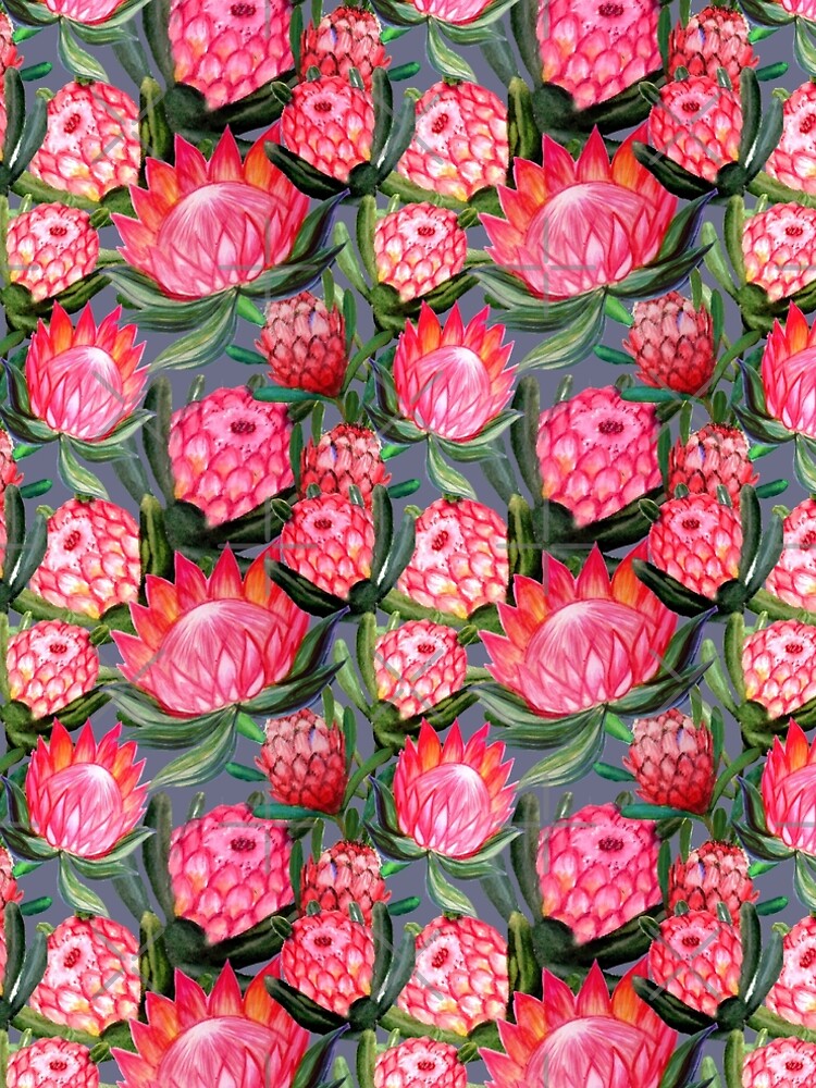 Protea flowers painted in watercolor – all over print – a riot of pink and bright color by MagentaRose