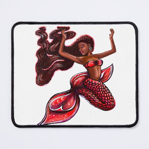 Item preview, mermaid red fins flowing red locs, Afro hair and brown skin. African American Mermaids designed and sold by Artonmytee.