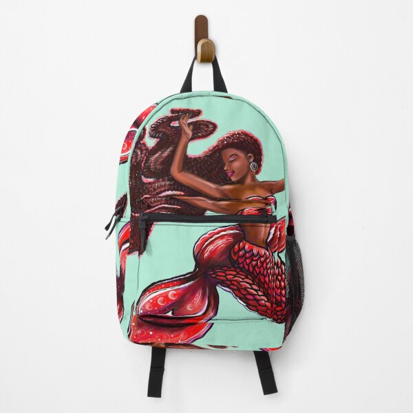 Item preview, mermaid red fins flowing red locs, Afro hair and brown skin. African American Mermaids designed and sold by Artonmytee.