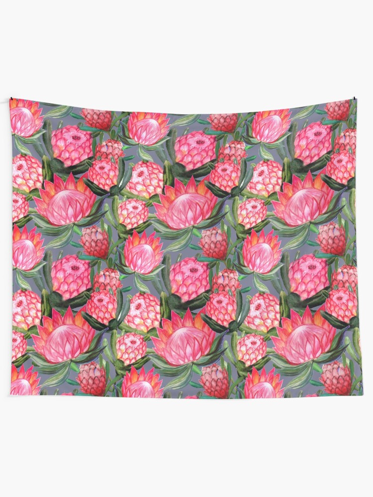 Alternate view of Protea flowers painted in watercolor – all over print – a riot of pink and bright color Tapestry