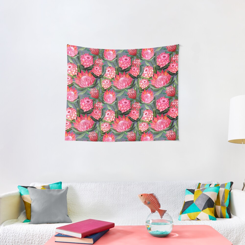 Protea flowers painted in watercolor – all over print – a riot of pink and bright color Tapestry