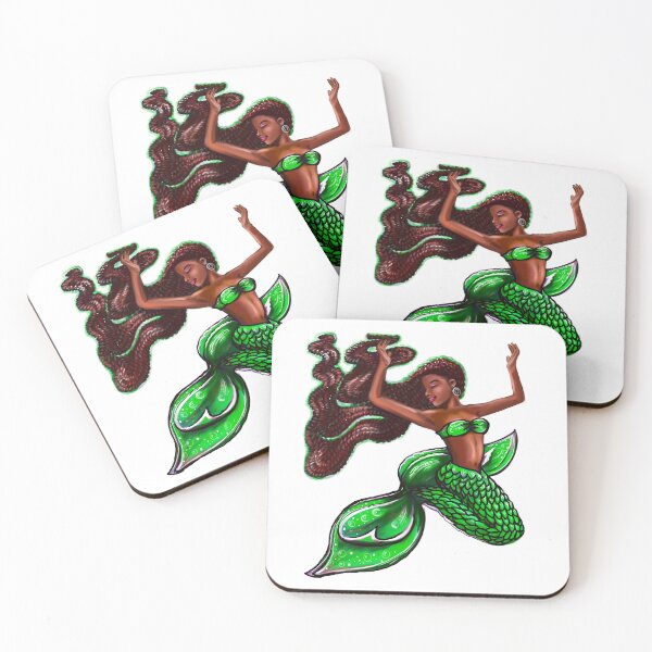 Item preview, mermaid green fins flowing red locs, Afro hair and brown skin. African American Mermaids designed and sold by Artonmytee.