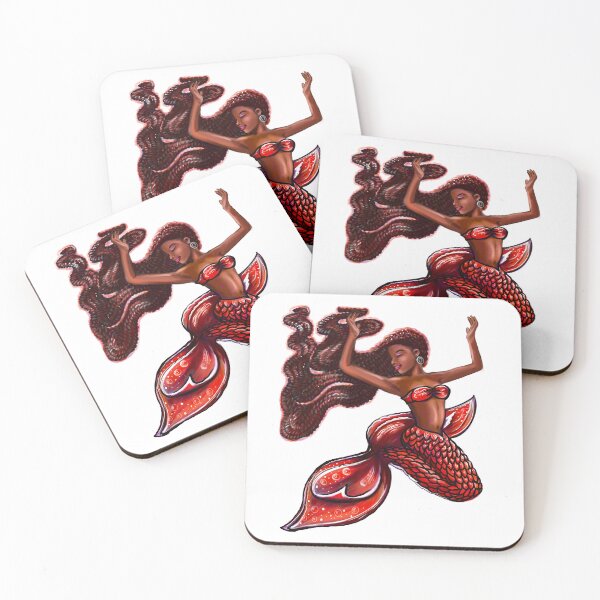 Item preview, mermaid red fins flowing red locs Afro hair and brown skin. African American Mermaids designed and sold by Artonmytee.