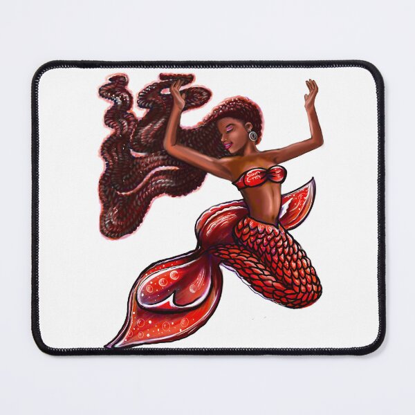 Item preview, mermaid red fins flowing red locs Afro hair and brown skin. African American Mermaids designed and sold by Artonmytee.