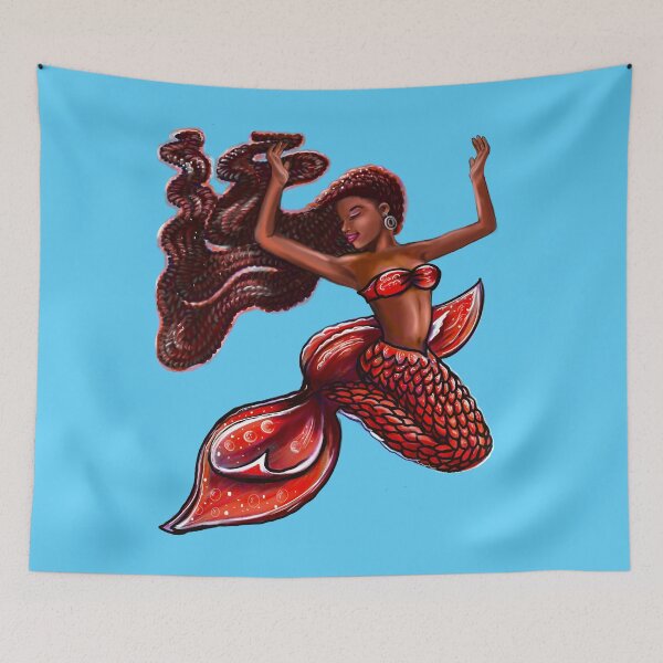 Item preview, mermaid red fins flowing red locs Afro hair and brown skin. African American Mermaids designed and sold by Artonmytee.