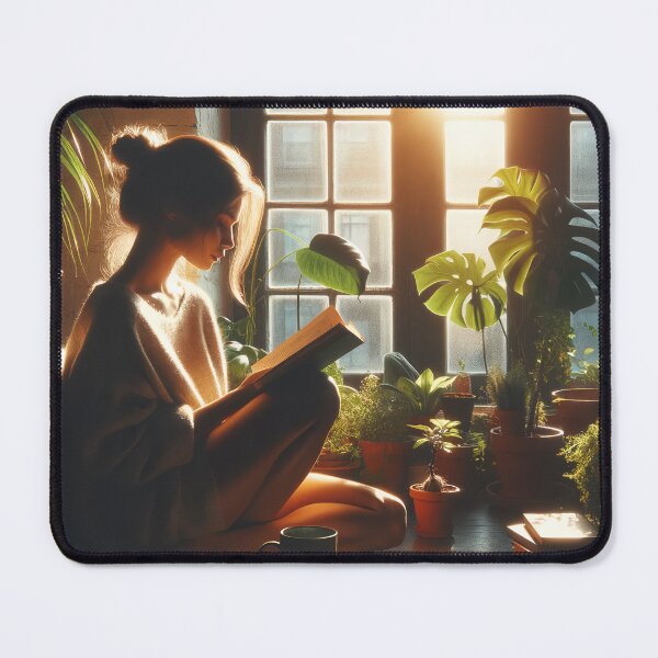 Item preview, Woman reading by a sunlit window, surrounded by plants, capturing a moment of peace and introspection designed and sold by AndreaMart.