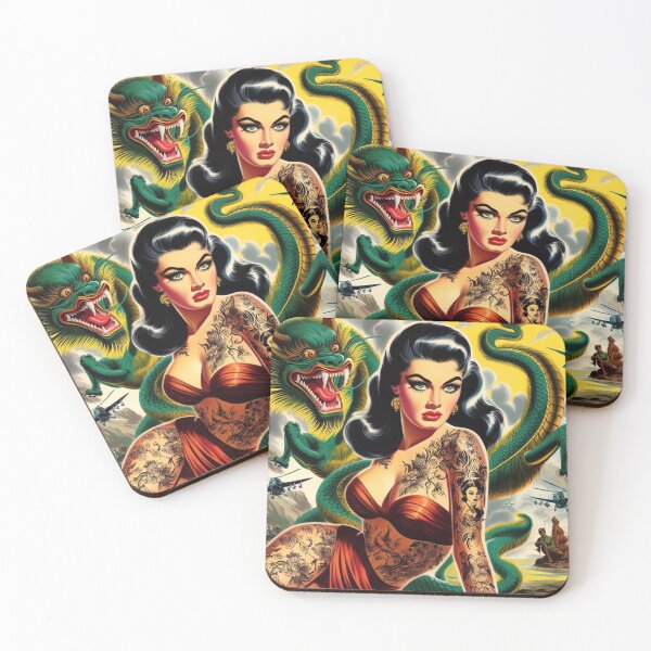Item preview, Retro Dragon Tattoo Girl designed and sold by PulpVintage.