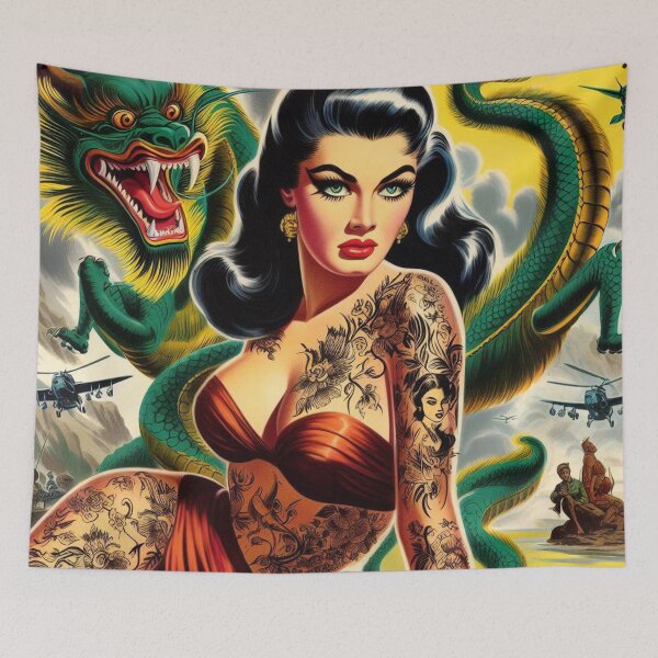 Item preview, Retro Dragon Tattoo Girl designed and sold by PulpVintage.