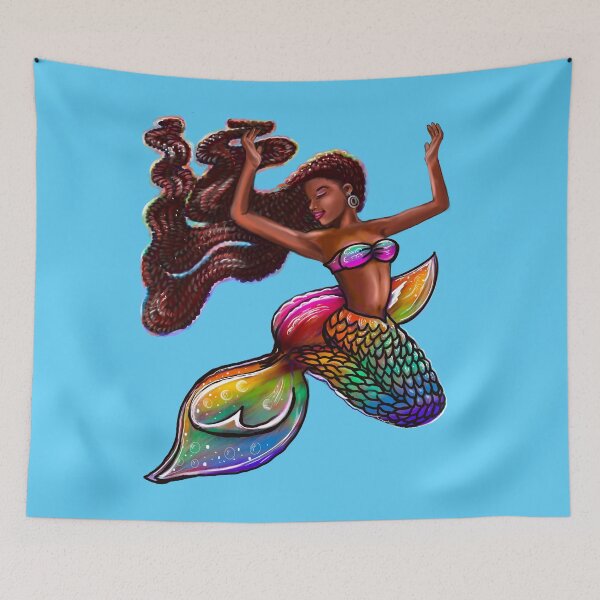 Item preview, mermaid rainbow fins flowing red locs Afro hair and brown skin. African American Mermaids designed and sold by Artonmytee.