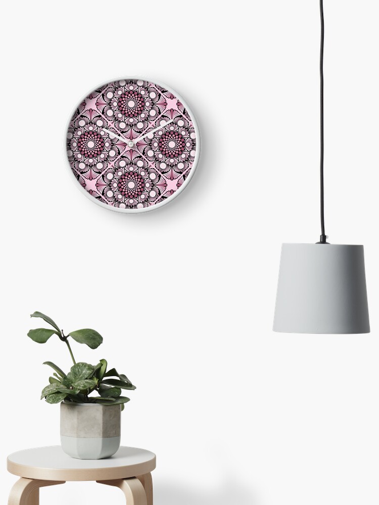 Clock, Cherry Blossom Dusky Rose Dot Mandala Diamond Tile designed and sold by Triplicate Limited