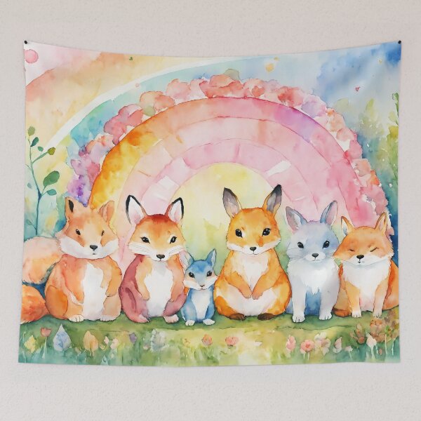 Item preview, watercolor of cute critters rainbow nursery room art designed and sold by soulfulpalette.