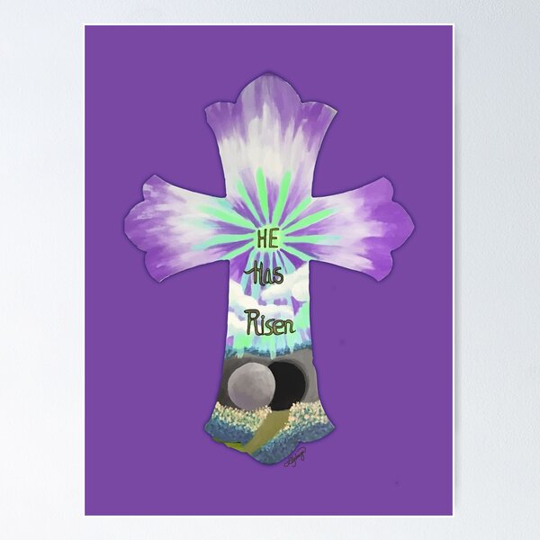 Item preview, Easter Cross Purple Illustration quote, "HE has Risen" designed and sold by Ldydesign.