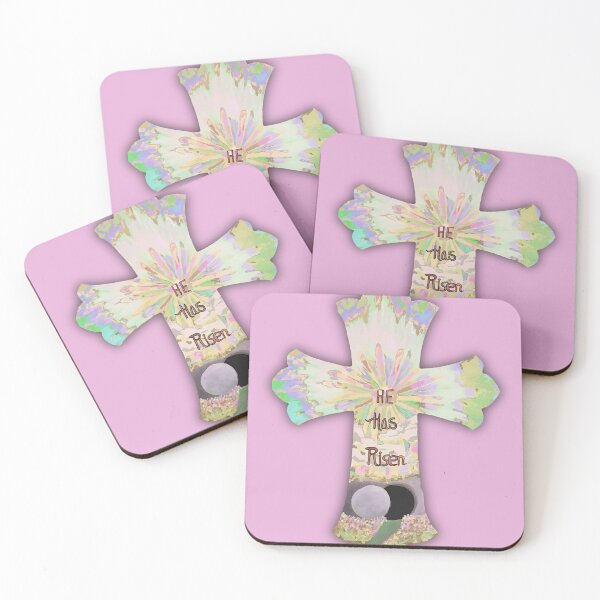 Item preview, Easter Cross Rainbow Pink illustration quote, "HE has Risen" designed and sold by Ldydesign.