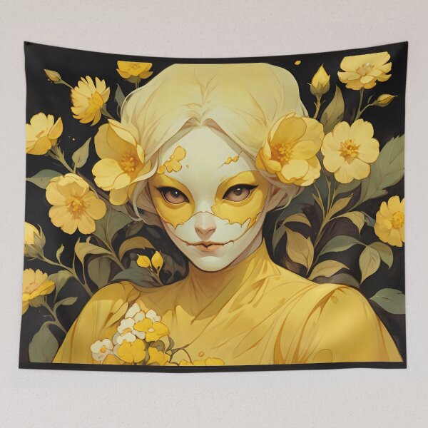 Item preview, ็Girl wearing mask with yellow silk cotton flowers designed and sold by KiraChie.