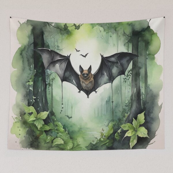 Item preview, Bat in green forest watercolor painting  designed and sold by shokA Design.