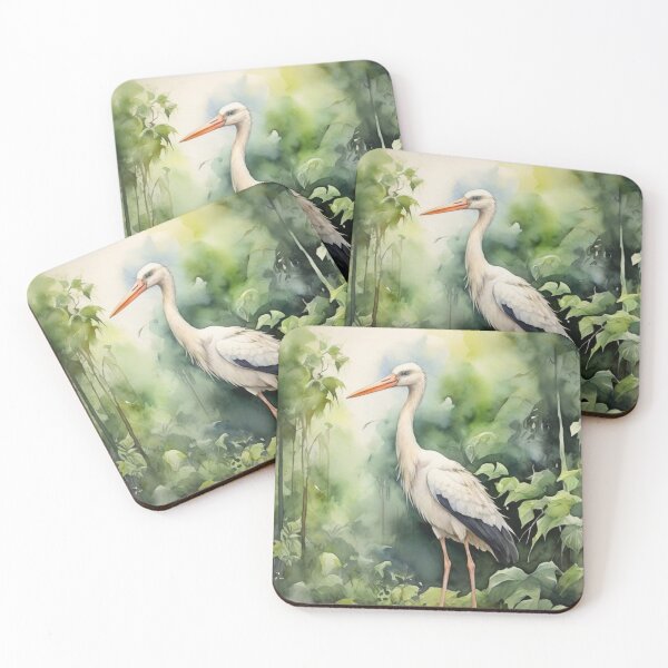 Item preview, Stork in green forest watercolor painting  designed and sold by shokA Design.