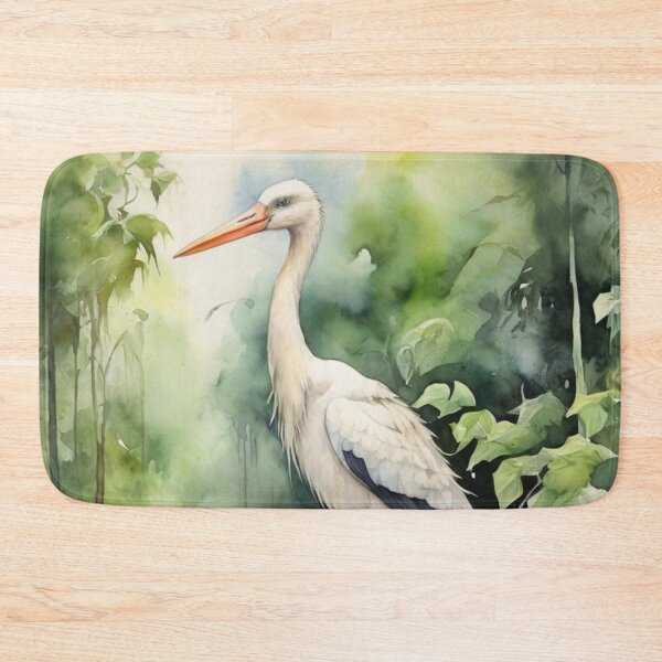 Item preview, Stork in green forest watercolor painting  designed and sold by shokA Design.