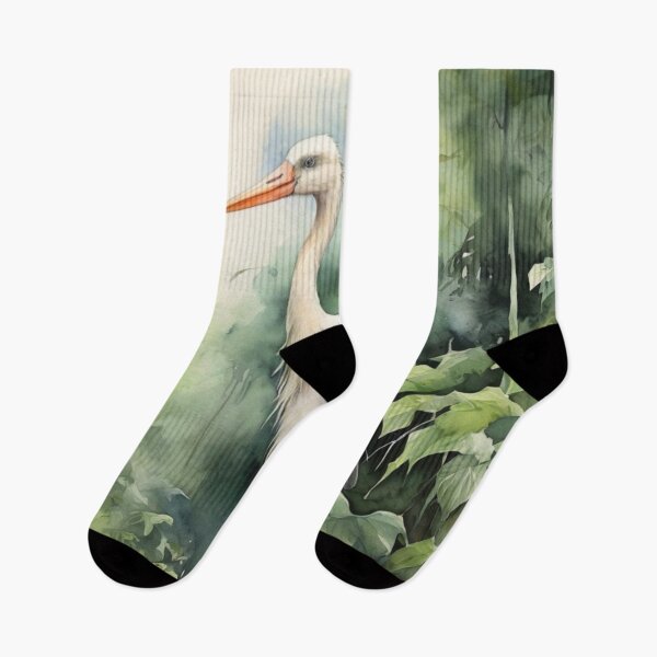 Item preview, Stork in green forest watercolor painting  designed and sold by shokA Design.
