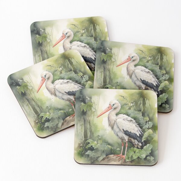 Item preview, Stork in green forest watercolor painting  designed and sold by shokA Design.