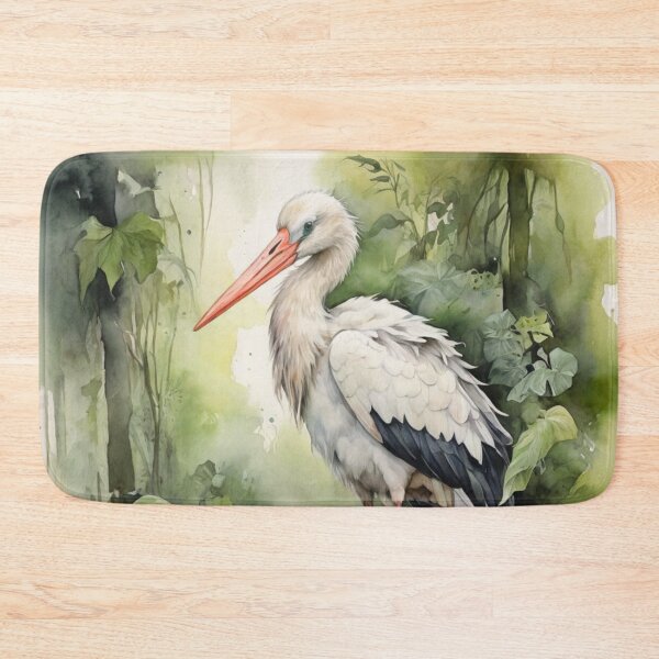 Item preview, Stork in green forest watercolor painting  designed and sold by shokA Design.