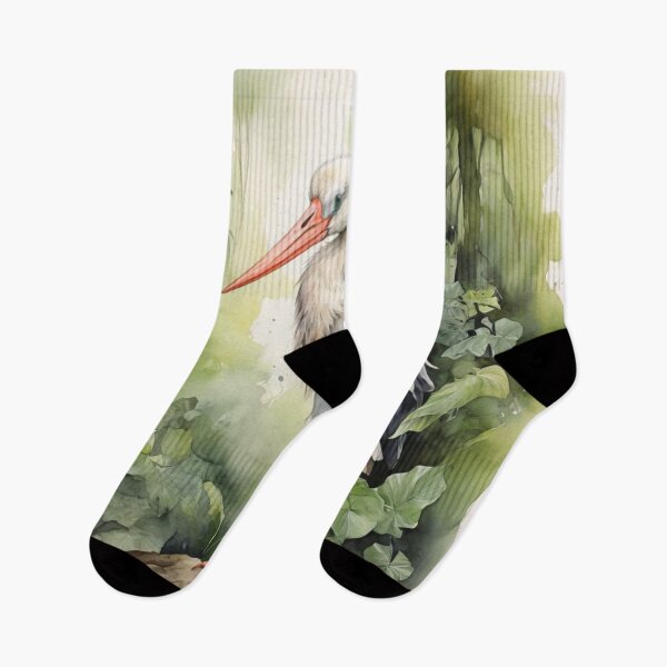 Item preview, Stork in green forest watercolor painting  designed and sold by shokA Design.