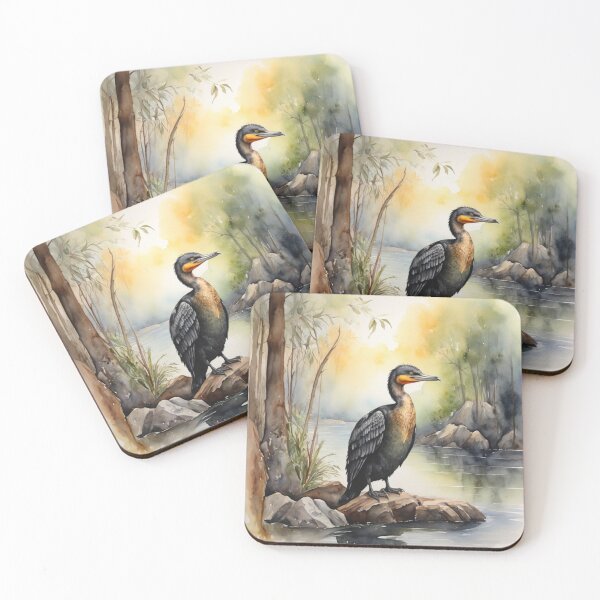 Item preview, Cormorant in green forest watercolor painting  designed and sold by shokA Design.