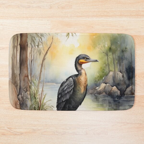Item preview, Cormorant in green forest watercolor painting  designed and sold by shokA Design.