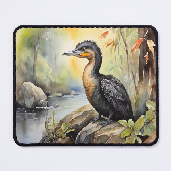 Item preview, Cormorant in green forest watercolor painting designed and sold by shokA Design.