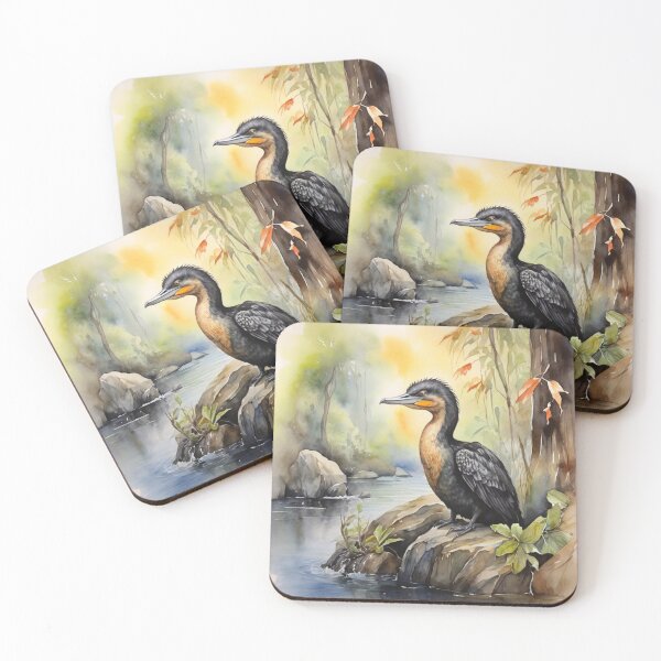 Item preview, Cormorant in green forest watercolor painting  designed and sold by shokA Design.