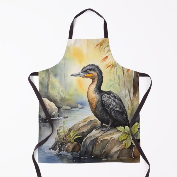 Item preview, Cormorant in green forest watercolor painting designed and sold by shokA Design.