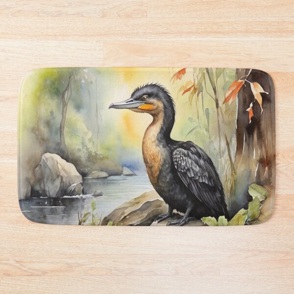 Item preview, Cormorant in green forest watercolor painting  designed and sold by shokA Design.