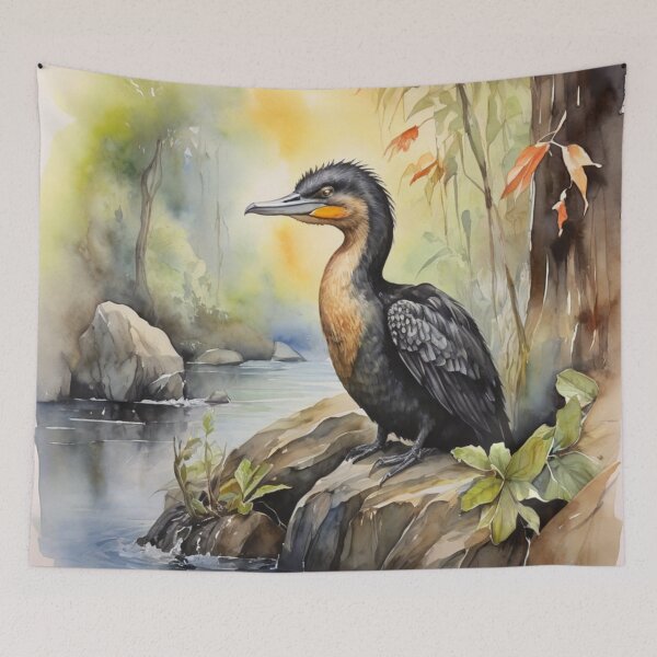 Item preview, Cormorant in green forest watercolor painting  designed and sold by shokA Design.