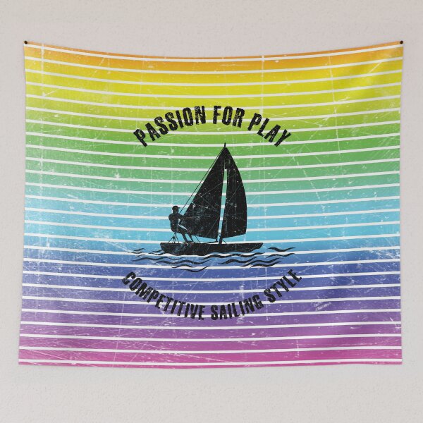 Item preview, Black silhouette of a competitive sailor against the background of rainbow stripes designed and sold by HarridanCreates.