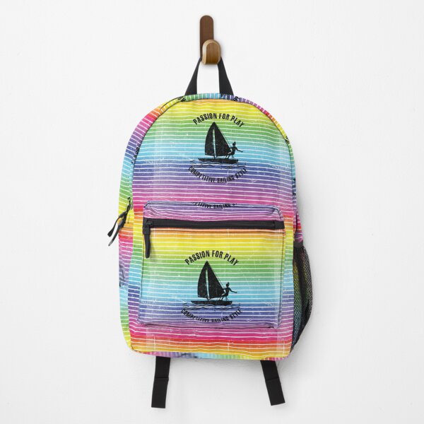 Item preview, Black silhouette of a female competitive sailor against the background of rainbow stripes designed and sold by HarridanCreates.