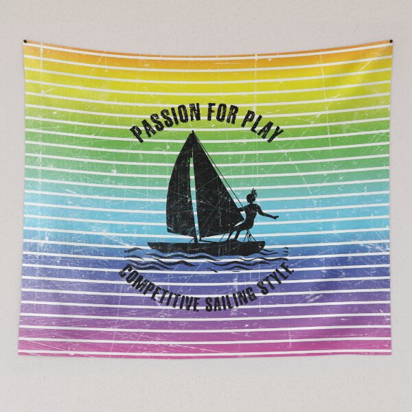 Item preview, Black silhouette of a female competitive sailor against the background of rainbow stripes designed and sold by HarridanCreates.