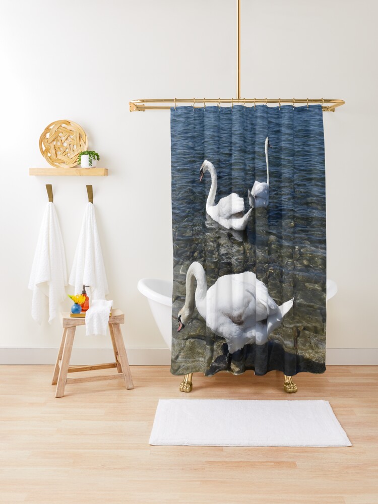 Thumbnail 1 of 5, Shower Curtain, Swans in the Harbour, Ohrid, North Macedonia designed and sold by KarenEspig.