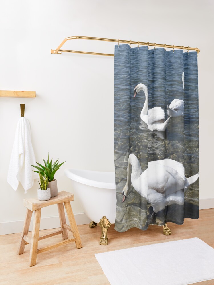 Thumbnail 3 of 5, Shower Curtain, Swans in the Harbour, Ohrid, North Macedonia designed and sold by KarenEspig.