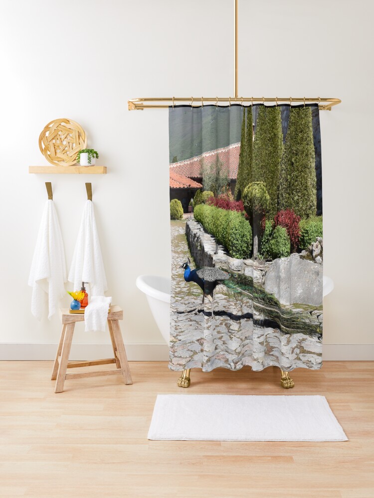 Thumbnail 1 of 5, Shower Curtain, Saint Naum Peacock in the Gardens, North Macedonia designed and sold by KarenEspig.