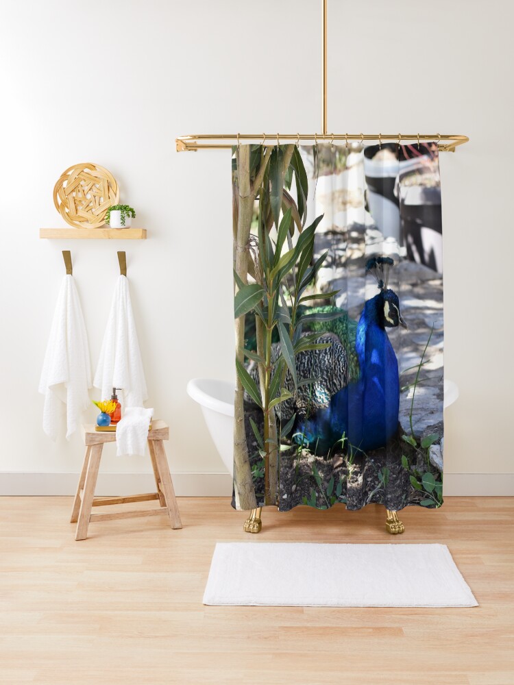 Thumbnail 1 of 5, Shower Curtain, Peacock in the Garden, Saint Naum, North Macedonia designed and sold by KarenEspig.