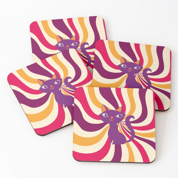 Item preview, Groovy curvy tail purple cat on retro wavy lines designed and sold by BritishDelights.