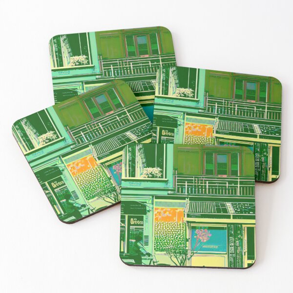 Item preview, Coastal Charm - Artwork of Green and Blue Shopfronts designed and sold by GrizzlyCollective.