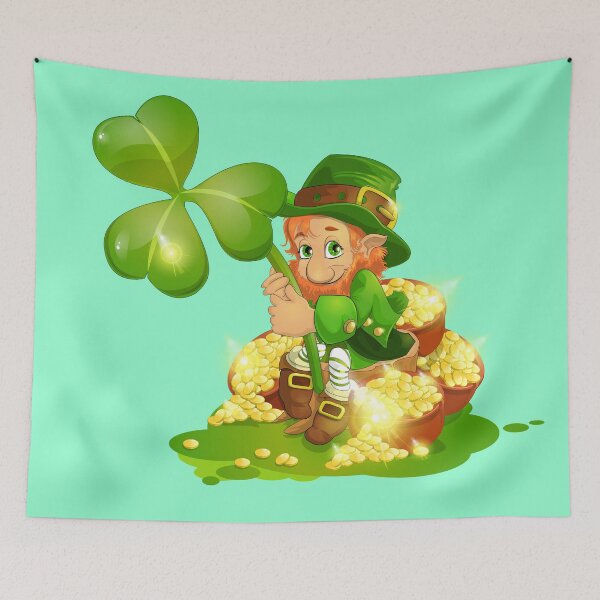 Item preview, Saint Patrick's Day A bearded leprechaun in a hat with a clover sits on gold designed and sold by JaroDesign2023.