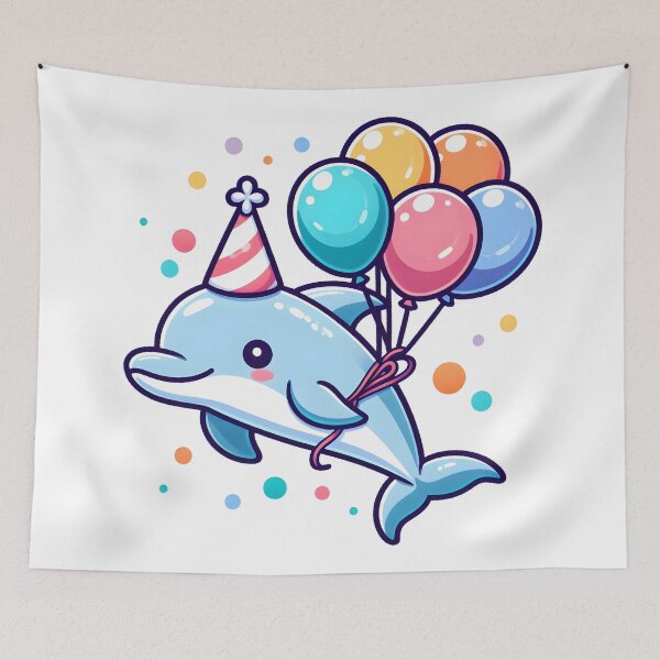 Item preview, Kawaii Dolphin With A Party Hat And A Bunch Of Colorful Balloons Flying With Balloons designed and sold by CanvasCutie.