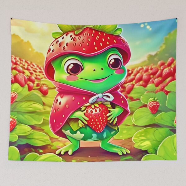 Aperçu de l'œuvre Grenouille aux fraises : adorable dessin animé Chibi créée et vendue par Health And Fitness Posts e-Store.