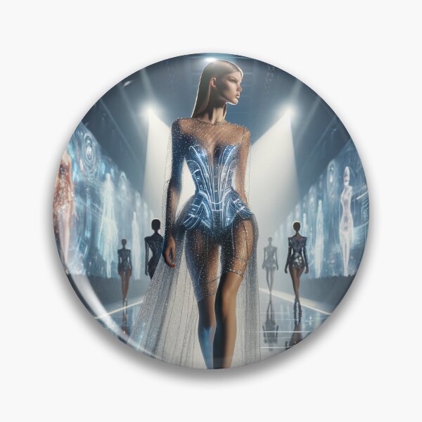 Item preview, Model in a futuristic dress made of light-reflecting materials, walking down a runway surrounded by holograms designed and sold by AndreaMart.