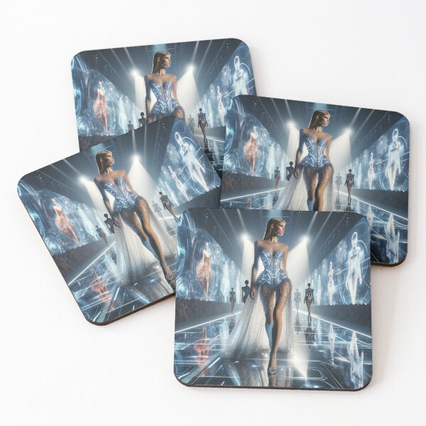 Item preview, Model in a futuristic dress made of light-reflecting materials, walking down a runway surrounded by holograms designed and sold by AndreaMart.